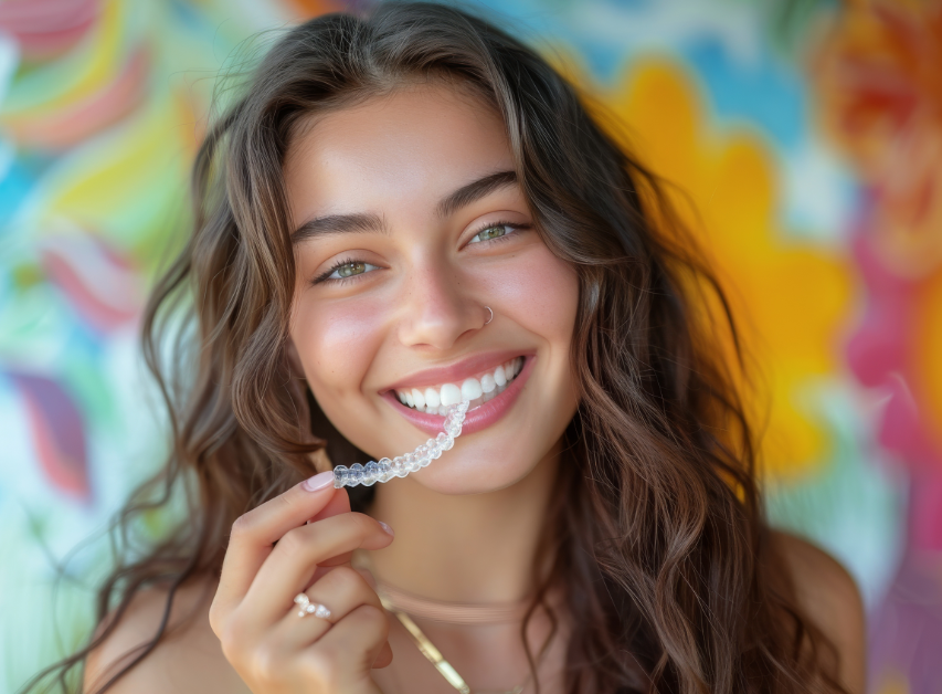 Girl holding clear aligner